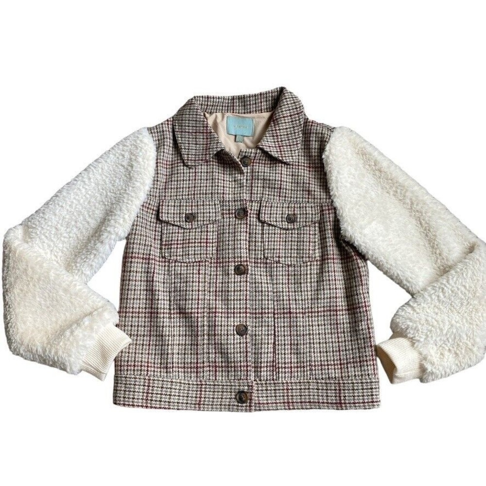 NEW Skies Are Blue Women's Sz Small Sherpa Sleeves Wool Blend Tweed Coat